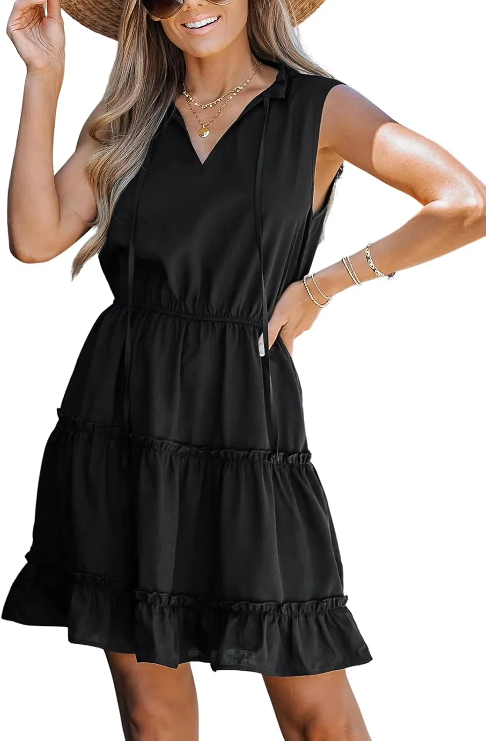 CUPSHE Women's V Neck Ruched Ruffled Short Formal Dress A Line Mini Dress Black