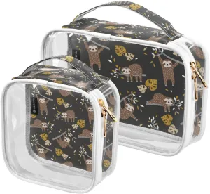 Cute-sloths-tropical-print 2 Pack Clear Toiletry Bag Women Men, Portable Waterproof Clear Pouch, Cosmetic Bag with Double Zippers Large Opening Traveling with Handle for Bathroom Traveling Vacation Or