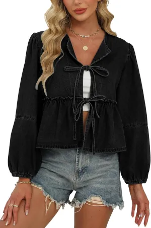 D-Sun Women V-Neck Tie Front Denim Shirt Peplum Babydoll Jean Blouse Long Puff Sleeves Y2K Cropped Bow Open Front Top Jacket