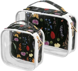 Dark-flower-pattern 2 Pack Clear Toiletry Bag Women Men, Portable Waterproof Clear Pouch, Cosmetic Bag with Double Zippers Large Opening Traveling with Handle for Bathroom Traveling Vacation Organizin