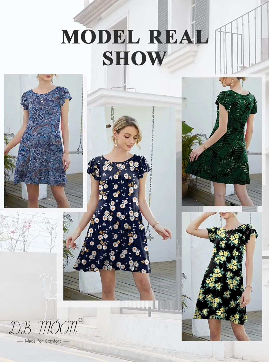 DB MOON Women 2025 Mini Dresses Summer Casual Ruffle Short Sleeve Cute Crew Neck Flowy Dress with Pockets
