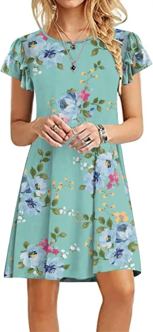 DB MOON Women 2025 Mini Dresses Summer Casual Ruffle Short Sleeve Cute Crew Neck Flowy Dress with Pockets