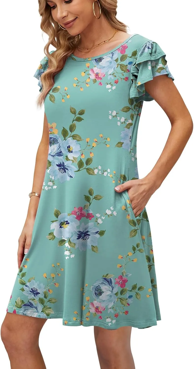 DB MOON Women 2025 Mini Dresses Summer Casual Ruffle Short Sleeve Cute Crew Neck Flowy Dress with Pockets