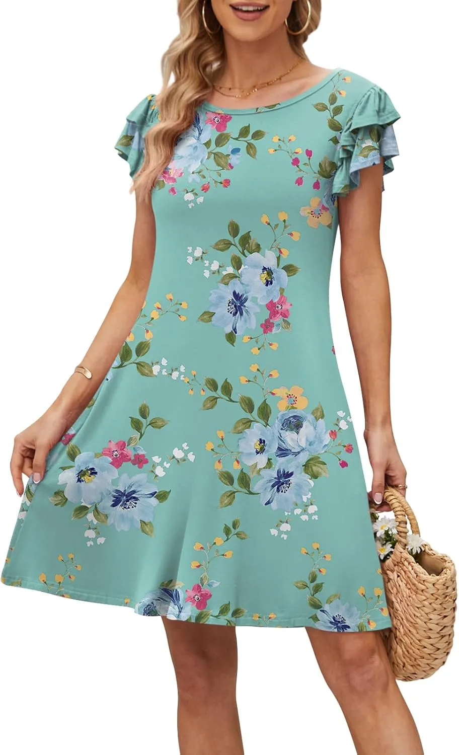 DB MOON Women 2025 Mini Dresses Summer Casual Ruffle Short Sleeve Cute Crew Neck Flowy Dress with Pockets