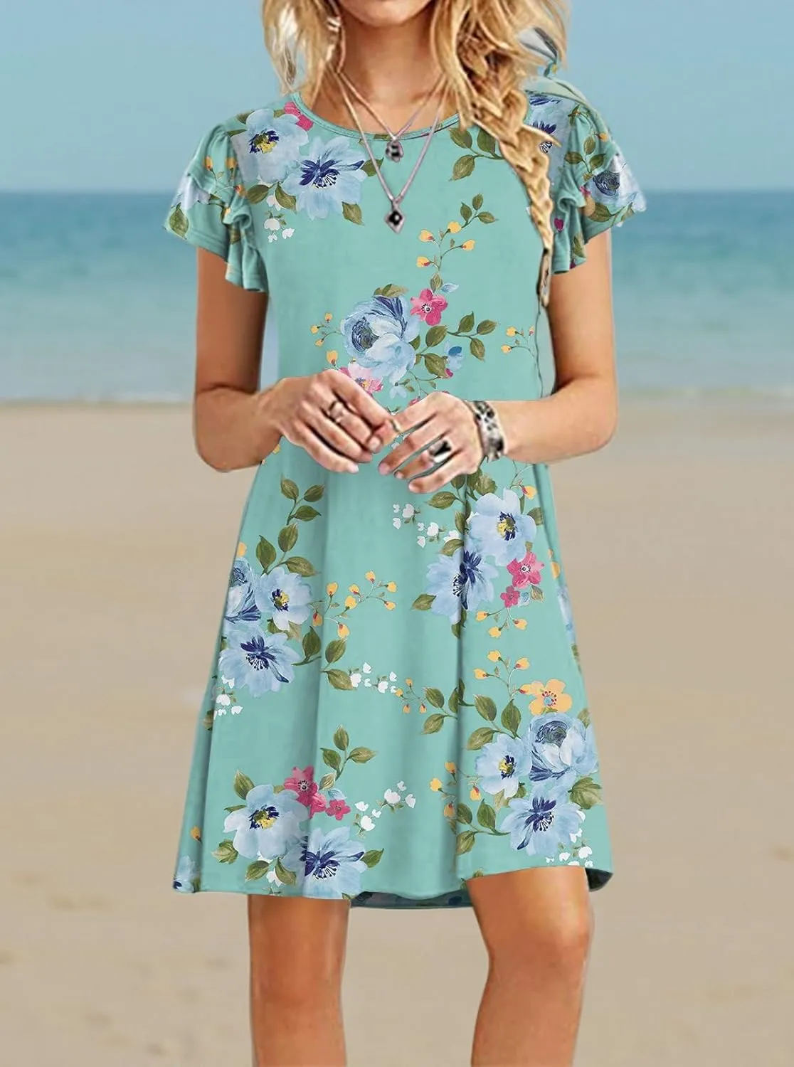 DB MOON Women 2025 Mini Dresses Summer Casual Ruffle Short Sleeve Cute Crew Neck Flowy Dress with Pockets