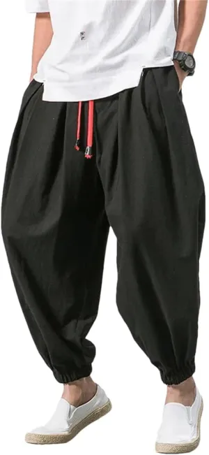 Dcvmvmn Men Harem Pants Loose Chinese Style Cotton and Linen Sweatpants Joggers Casual Trousers Black