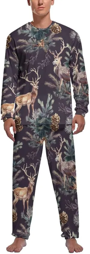 Deer Antlers Pine Tree Hunting Men's Pajama Set Long Sleeve Sleepwear Loungewear Comfy Pj Sets
