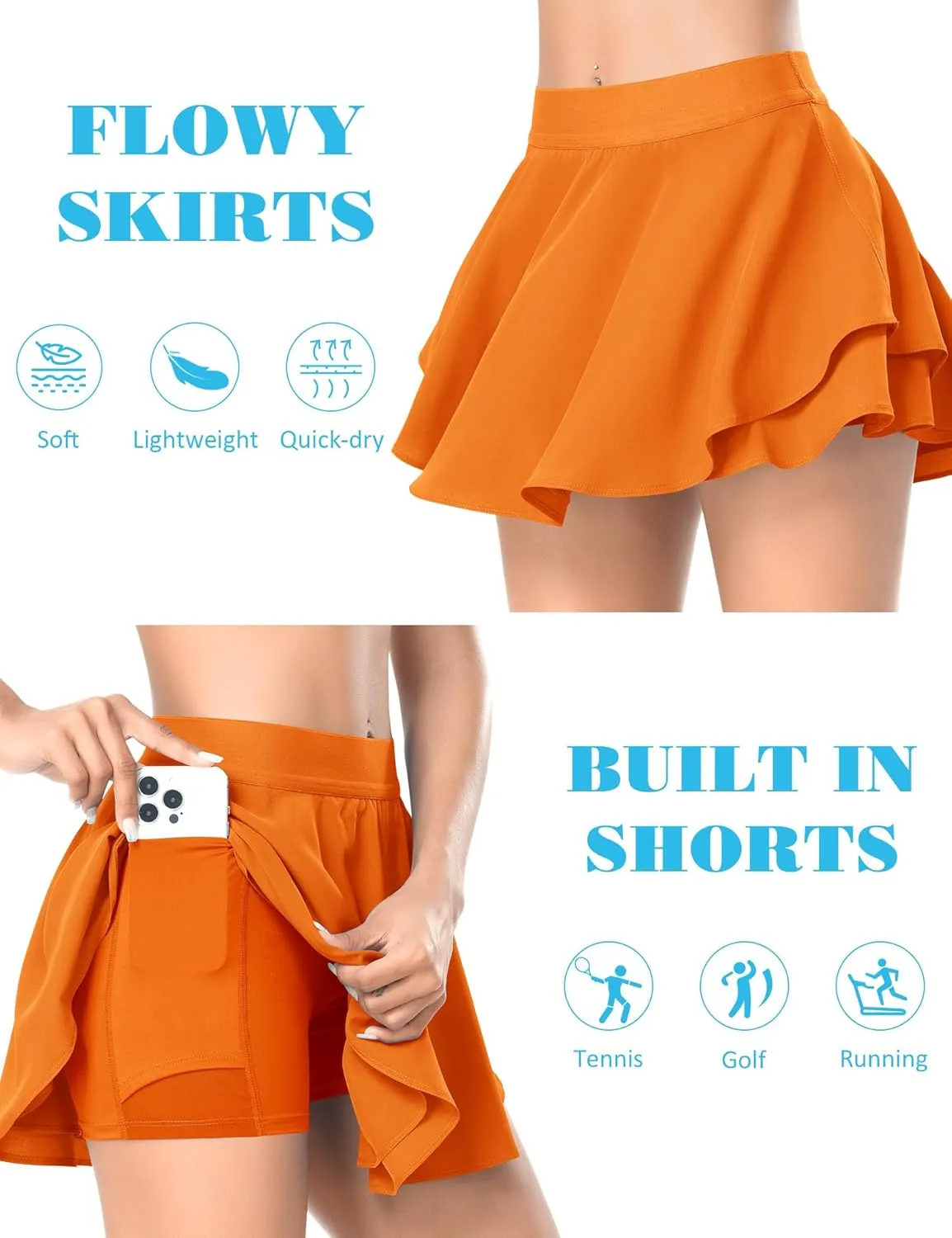 DERCA Tennis Skirts for Women with Shorts Pleated Golf Skirt High Waisted Running Workout Athletic Skorts with Pockets