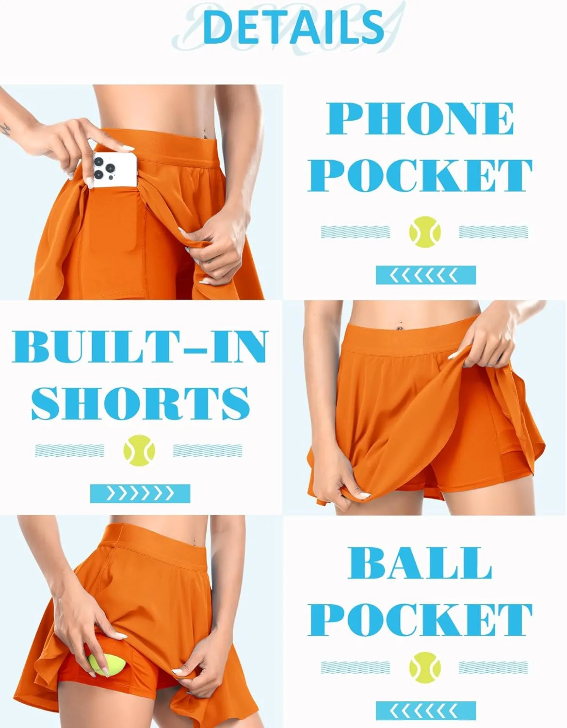 DERCA Tennis Skirts for Women with Shorts Pleated Golf Skirt High Waisted Running Workout Athletic Skorts with Pockets