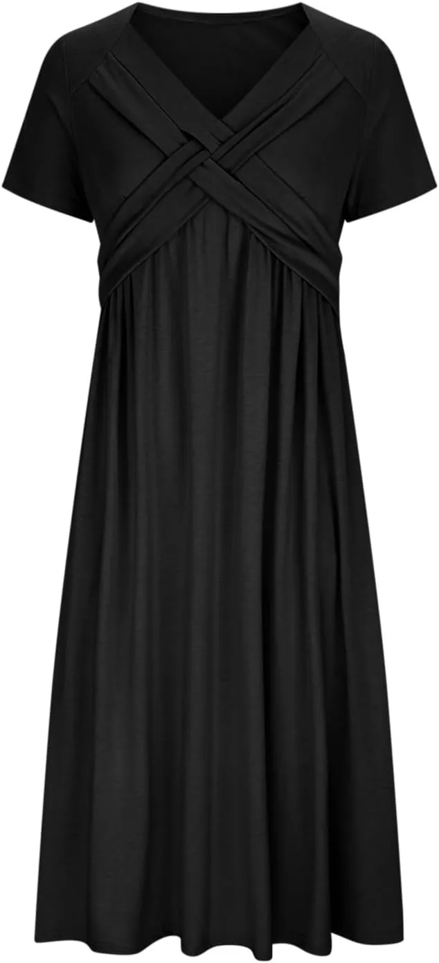 Dresses for Women Crisscross Twist Front V Neck Casual Short Sleeve Maxi Dress Pleated Beach Smocked Wedding Dress