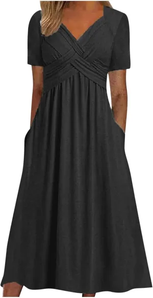 Dresses for Women Crisscross Twist Front V Neck Casual Short Sleeve Maxi Dress Pleated Beach Smocked Wedding Dress