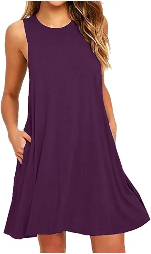 Dresses for Women Summer Sleeveless Casual Dress Solid Crewneck Sundresses Loose Midi Beach Clothes with Pocket