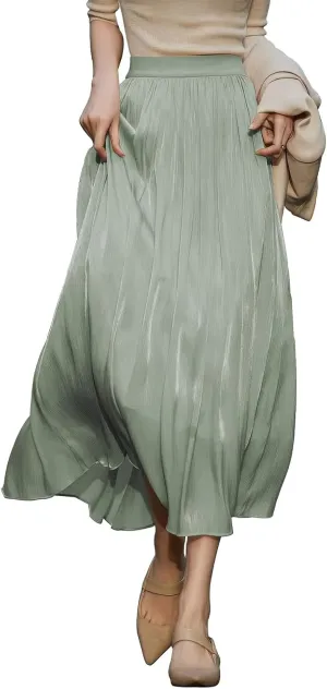 ebossy Women's Summer Elegant Shiny Lustrous Midi Skirt Elastic Waist Pleated Flowy Swing A-line Skirts