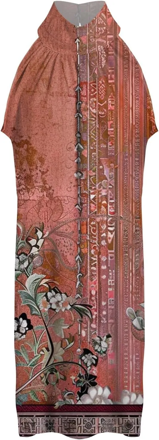 Eduavar Mini Dresses for Women Summer Sun Dresses for Women 2025 Vacation Floral Printed Hater Neck Sleeveless Ruffle Dress