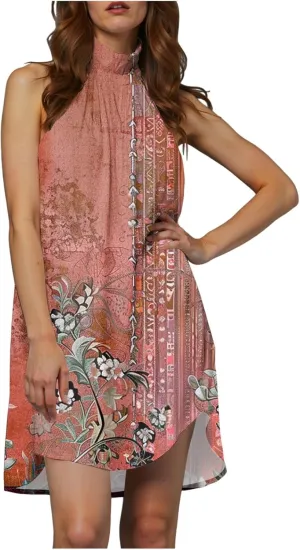 Eduavar Mini Dresses for Women Summer Sun Dresses for Women 2025 Vacation Floral Printed Hater Neck Sleeveless Ruffle Dress