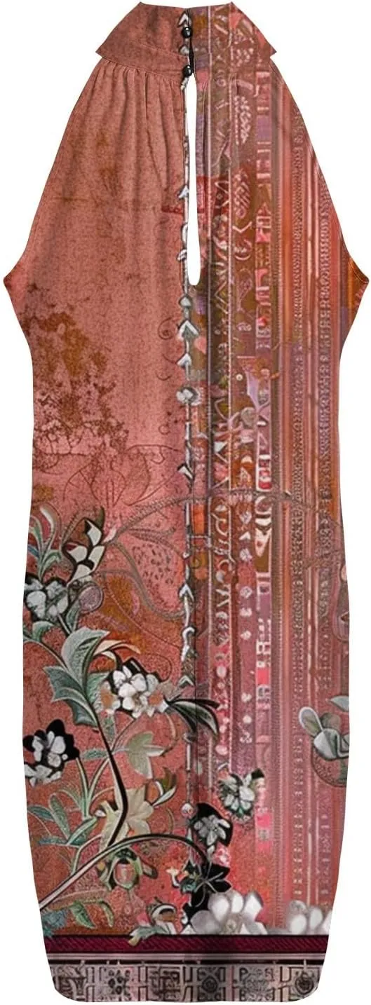 Eduavar Mini Dresses for Women Summer Sun Dresses for Women 2025 Vacation Floral Printed Hater Neck Sleeveless Ruffle Dress