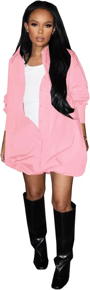 Ekaliy Women's Casual Long Sleeve Dress Button Down Shirt A-Line Casual Puffy Short Mini Dress