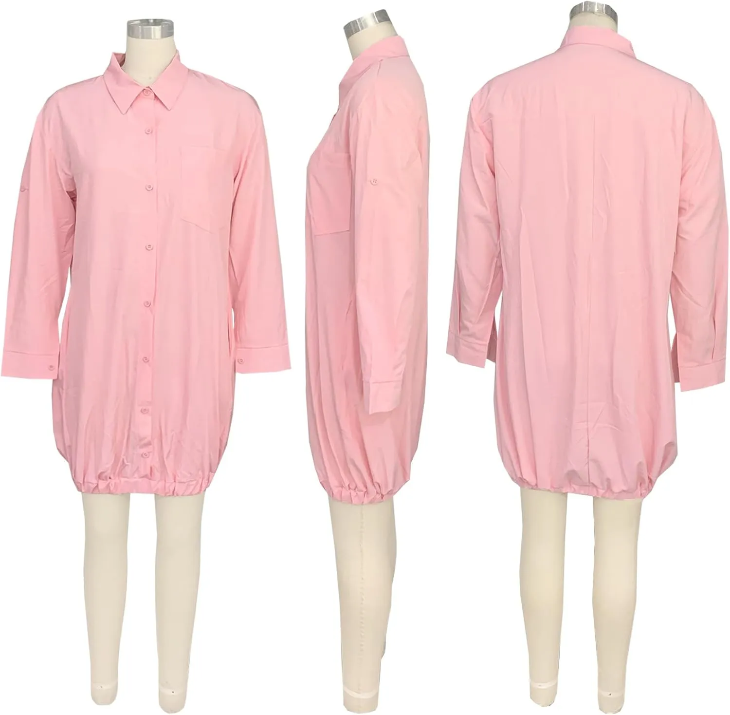 Ekaliy Women's Casual Long Sleeve Dress Button Down Shirt A-Line Casual Puffy Short Mini Dress