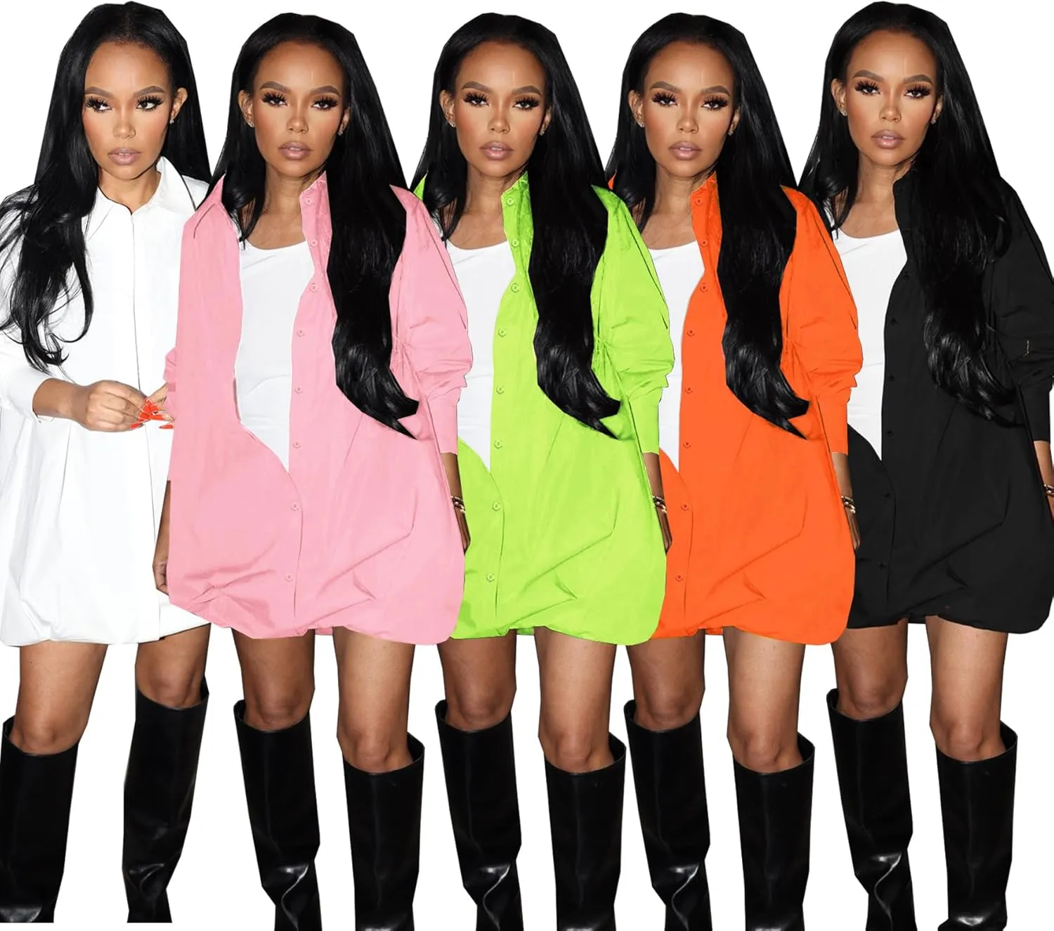 Ekaliy Women's Casual Long Sleeve Dress Button Down Shirt A-Line Casual Puffy Short Mini Dress