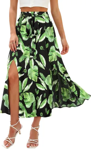 Ezcosplay Women Maxi Hawaiian Floral Slit Skirt High Elastic Waisted Split Thigh Long Skirts with Pockets