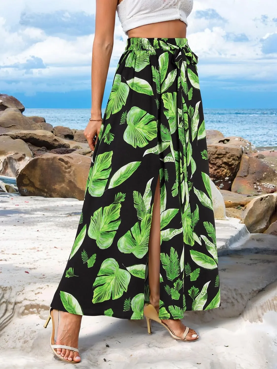 Ezcosplay Women Maxi Hawaiian Floral Slit Skirt High Elastic Waisted Split Thigh Long Skirts with Pockets