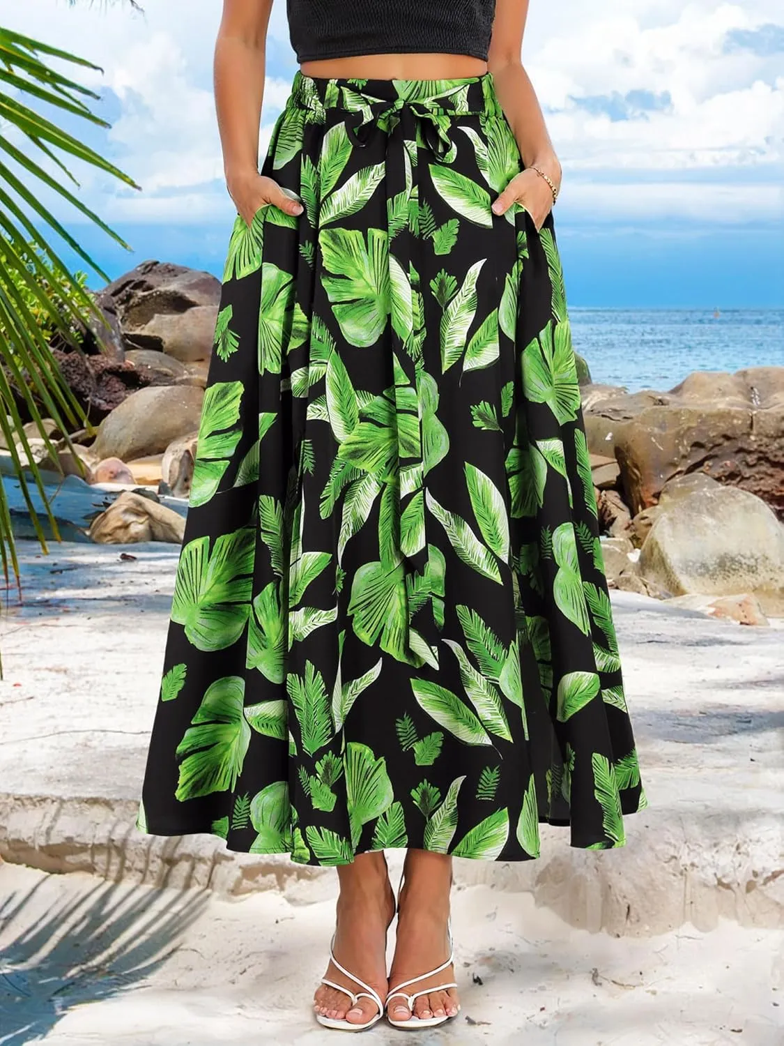 Ezcosplay Women Maxi Hawaiian Floral Slit Skirt High Elastic Waisted Split Thigh Long Skirts with Pockets