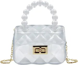 Fashion Candy Color Handbag Satchel Mini Pink Purse Jelly Shoulder Bag Crossbody Purse with Pearls Handle Chain Strap(Small)