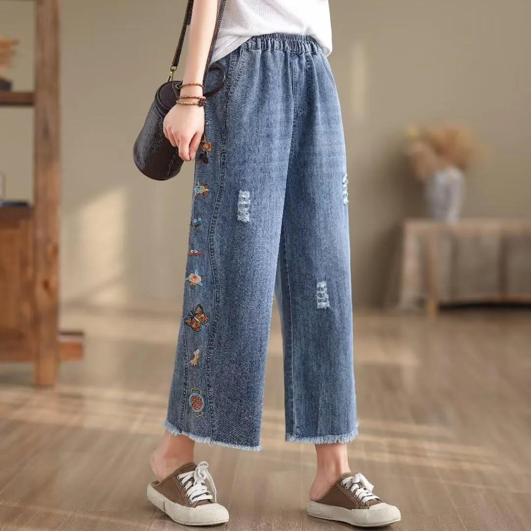 Fashion Spring Summer Ladies Ripped Loose Jeans Women Casual Embroidery Elastic Wide-Leg Denim Trousers