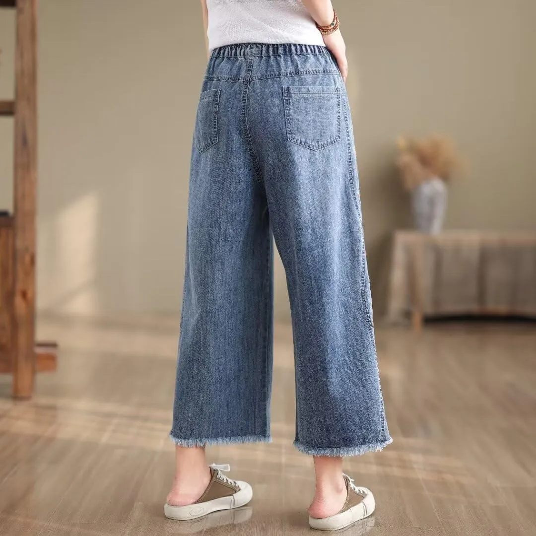 Fashion Spring Summer Ladies Ripped Loose Jeans Women Casual Embroidery Elastic Wide-Leg Denim Trousers