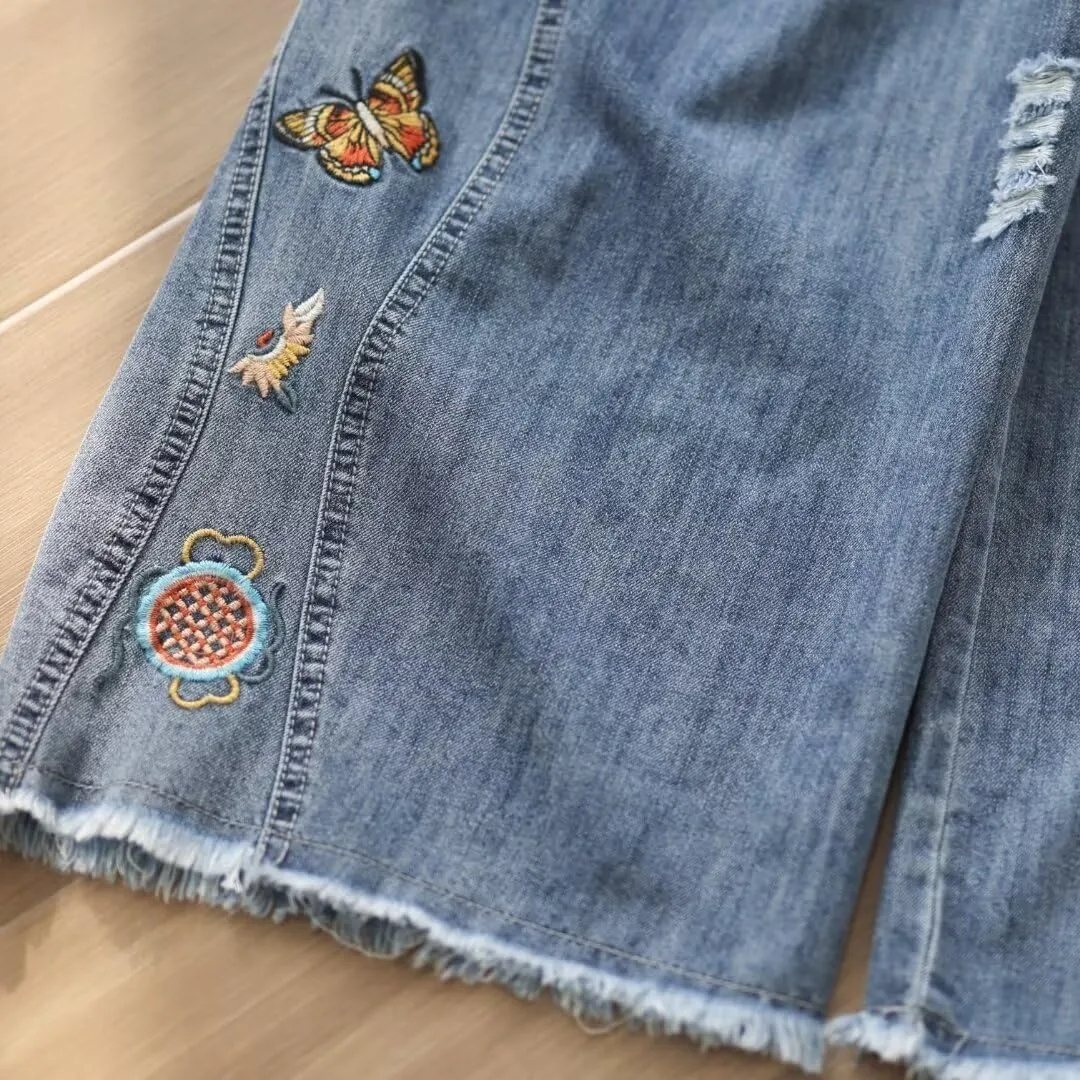 Fashion Spring Summer Ladies Ripped Loose Jeans Women Casual Embroidery Elastic Wide-Leg Denim Trousers