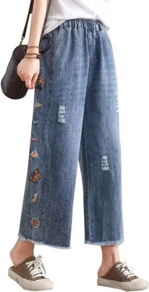 Fashion Spring Summer Ladies Ripped Loose Jeans Women Casual Embroidery Elastic Wide-Leg Denim Trousers