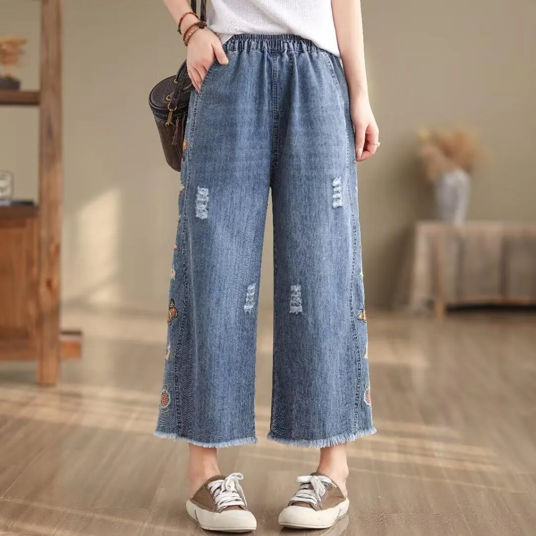 Fashion Spring Summer Ladies Ripped Loose Jeans Women Casual Embroidery Elastic Wide-Leg Denim Trousers