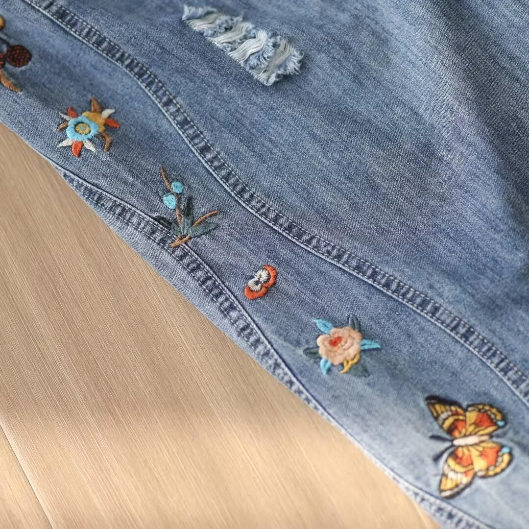 Fashion Spring Summer Ladies Ripped Loose Jeans Women Casual Embroidery Elastic Wide-Leg Denim Trousers