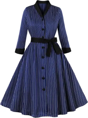 Firzero Women Vintage 1940s Dress Retro 40s 50s Button Business Work A Line Cocktail Dress Bowknot Long Sleeve Formal Dress