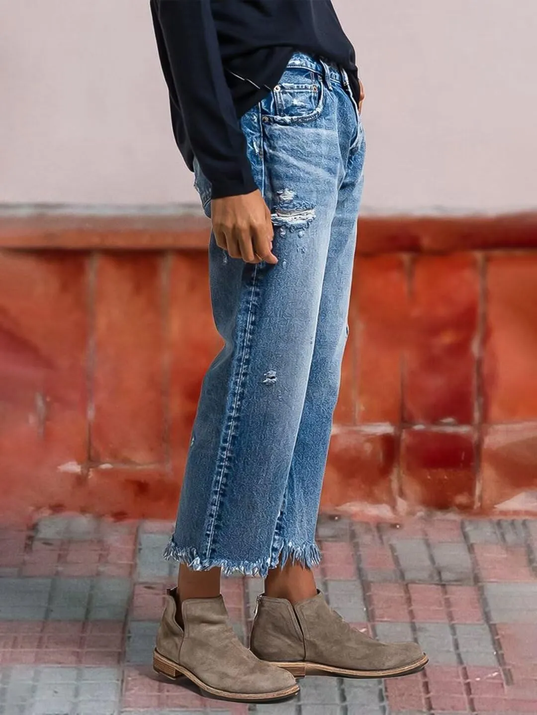 Flamingals Straight Leg Mid Rise Ripped Wash Raw Hem Casual Denim Bootcut Barrel Pants