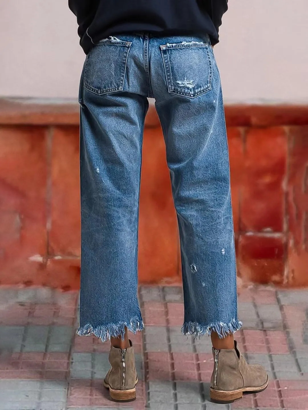 Flamingals Straight Leg Mid Rise Ripped Wash Raw Hem Casual Denim Bootcut Barrel Pants