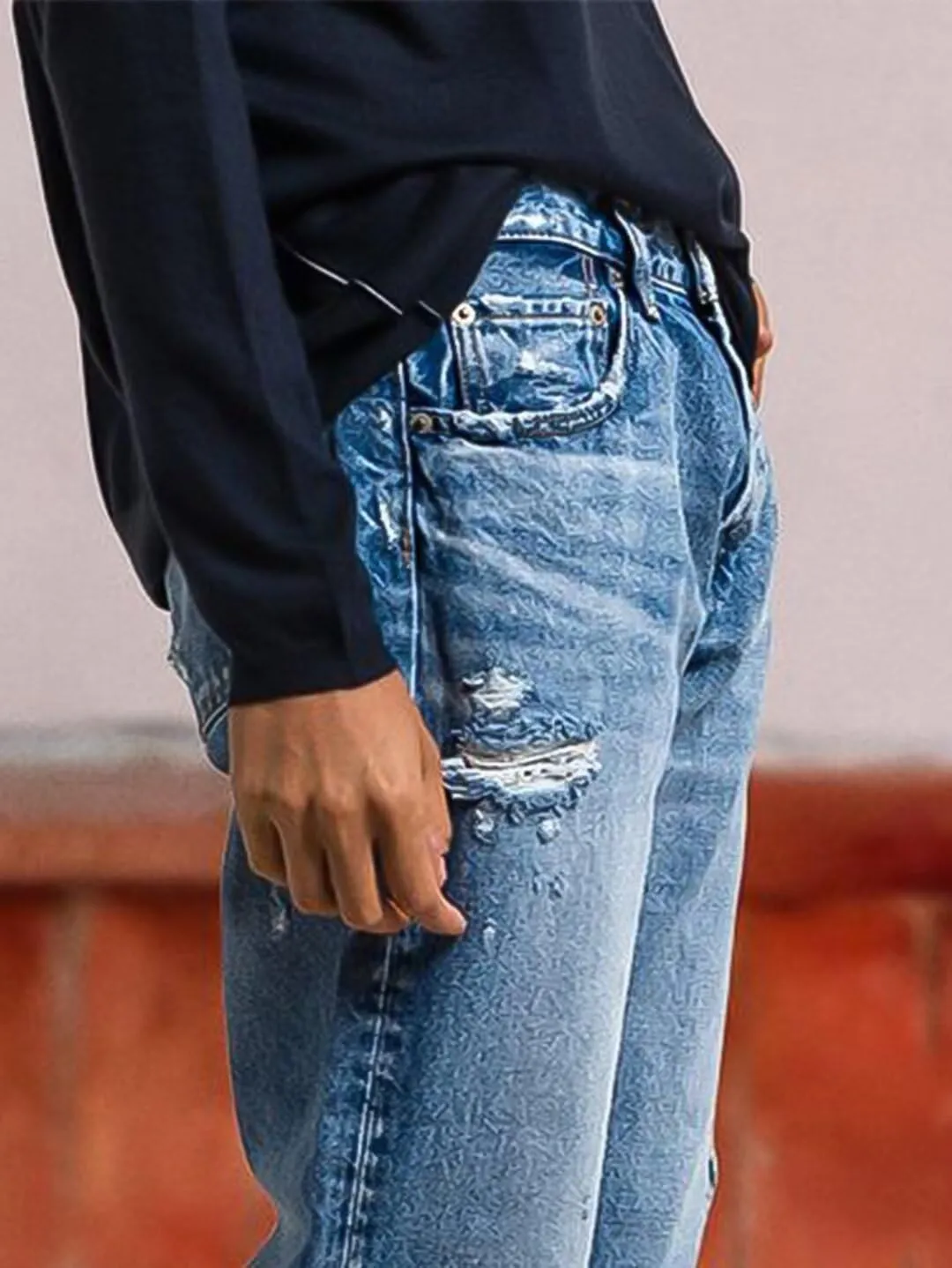 Flamingals Straight Leg Mid Rise Ripped Wash Raw Hem Casual Denim Bootcut Barrel Pants