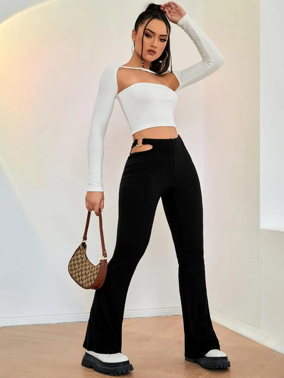 Floerns Women's Solid Stretchy Bell Bottoms Cut Out High Waist Wide Leg Flare Pants Trousers