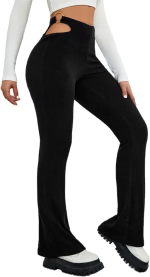 Floerns Women's Solid Stretchy Bell Bottoms Cut Out High Waist Wide Leg Flare Pants Trousers