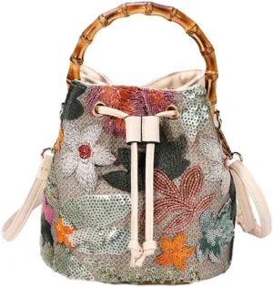 Floral Bucket Bags for Women PU Leather Crossbody Purse Women's Shoulder Handbags Hobo Bag Cute Purses with Adjustable Strap
