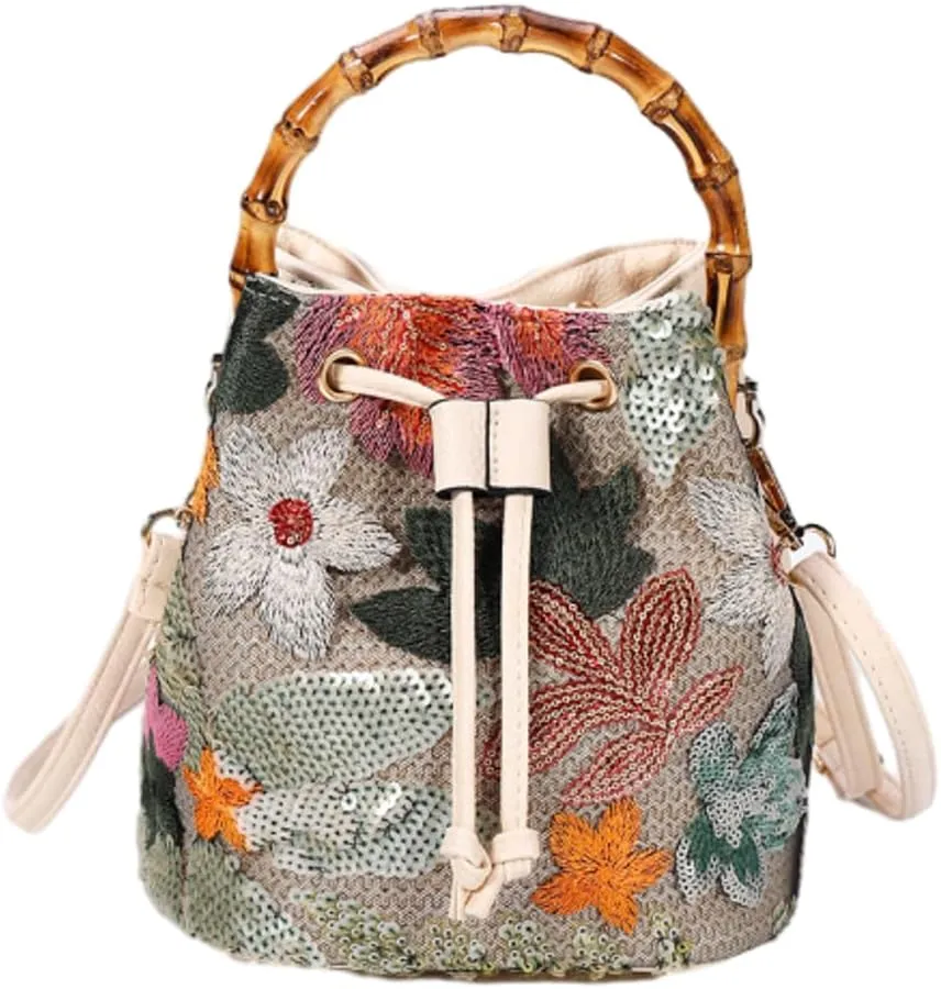 Floral Bucket Bags for Women PU Leather Crossbody Purse Women's Shoulder Handbags Hobo Bag Cute Purses with Adjustable Strap