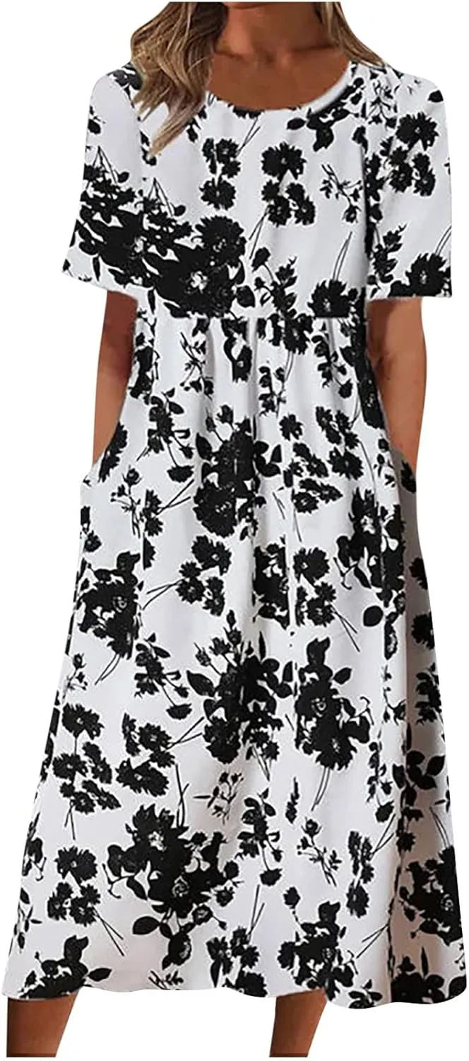 Floral Print Boho Dress for Women 2025 Casual Summer Midi Dress Loose Flowy Long Dresses with Pockets Tshirts Dresses