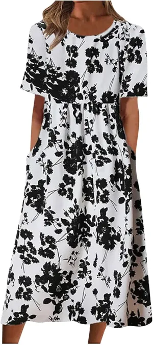 Floral Print Boho Dress for Women 2025 Casual Summer Midi Dress Loose Flowy Long Dresses with Pockets Tshirts Dresses