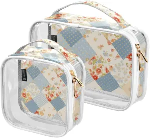 Flower-pattern 2 Pack Clear Toiletry Bag Women Men, Portable Waterproof Clear Pouch, Cosmetic Bag with Double Zippers Large Opening Traveling with Handle for Bathroom Traveling Vacation Organizing