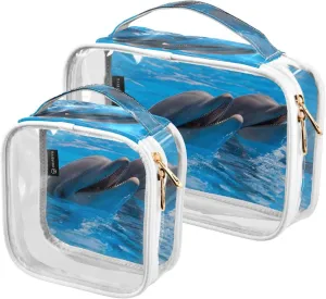 Funny-dolphins-pool 2 Pack Clear Toiletry Bag Women Men, Portable Waterproof Clear Pouch, Cosmetic Bag with Double Zippers Large Opening Traveling with Handle for Bathroom Traveling Vacation Organizin