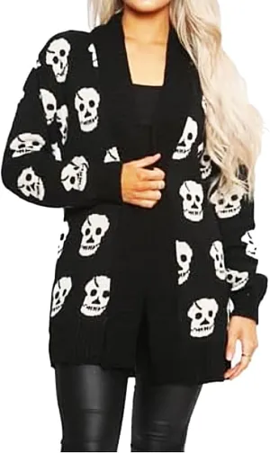 Gal Moda A60 Kids Womens Gothic Open Cardigan Skull Plus Size Halloween Skull Drape Knitting Patterned Knitwear Top Long Sleeve Sweater Black