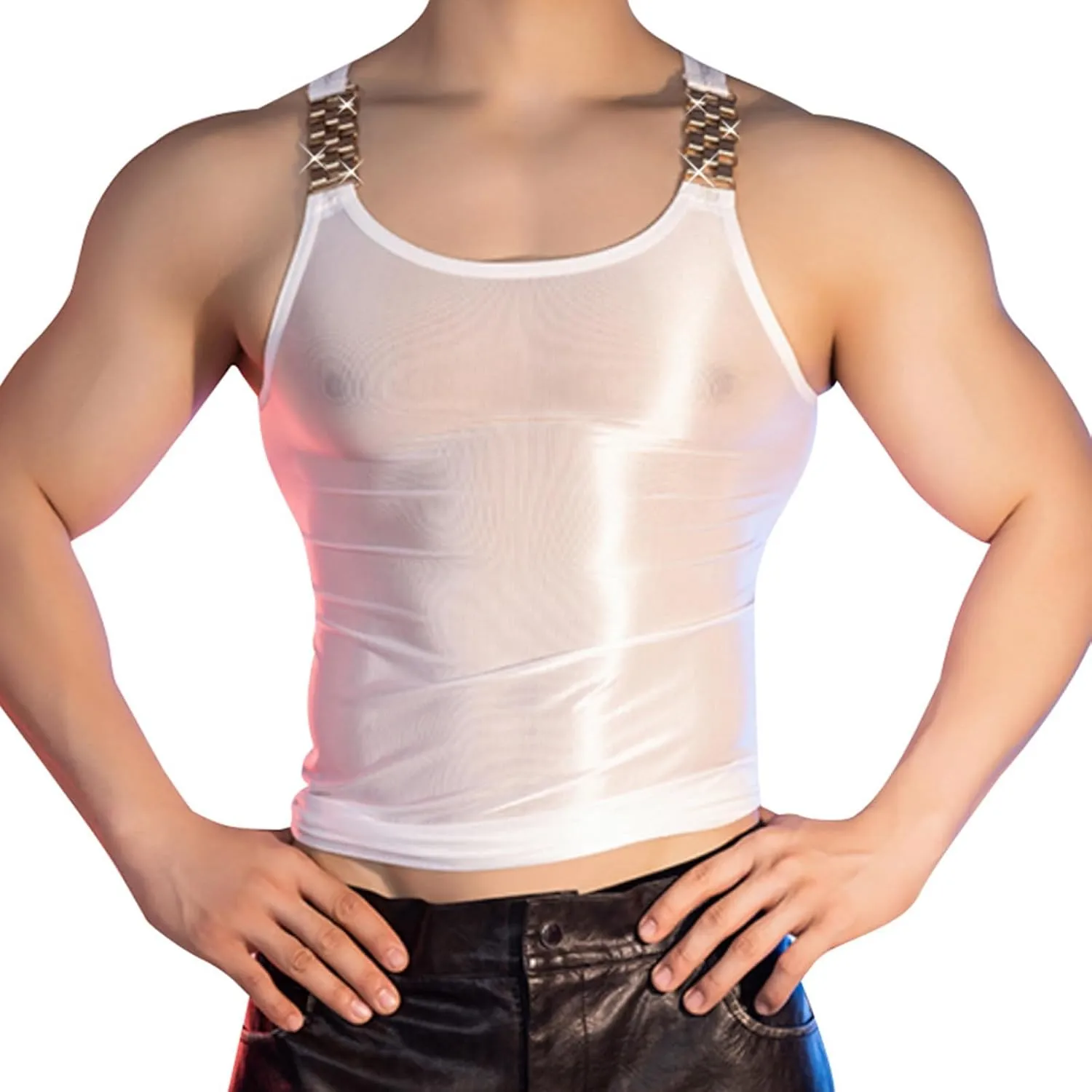 Glossy Mens Tank Top Sleeveless Vest Sports Sports Workout Undershirt Sexy Muscle Sheer Shirt