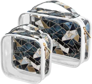 Gold-blue-glitters-ceramic 2 Pack Clear Toiletry Bag Women Men, Portable Waterproof Clear Pouch, Cosmetic Bag with Double Zippers Large Opening Traveling with Handle for Bathroom Traveling Vacation Or