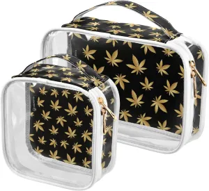 Golden-cannabiss-leaves-black-pattern 2 Pack Clear Toiletry Bag Women Men, Portable Waterproof Clear Pouch, Cosmetic Bag with Double Zippers Large Opening Traveling with Handle for Bathroom Traveling