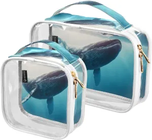 Great-humpback-whale 2 Pack Clear Toiletry Bag Women Men, Portable Waterproof Clear Pouch, Cosmetic Bag with Double Zippers Large Opening Traveling with Handle for Bathroom Traveling Vacation Organizi